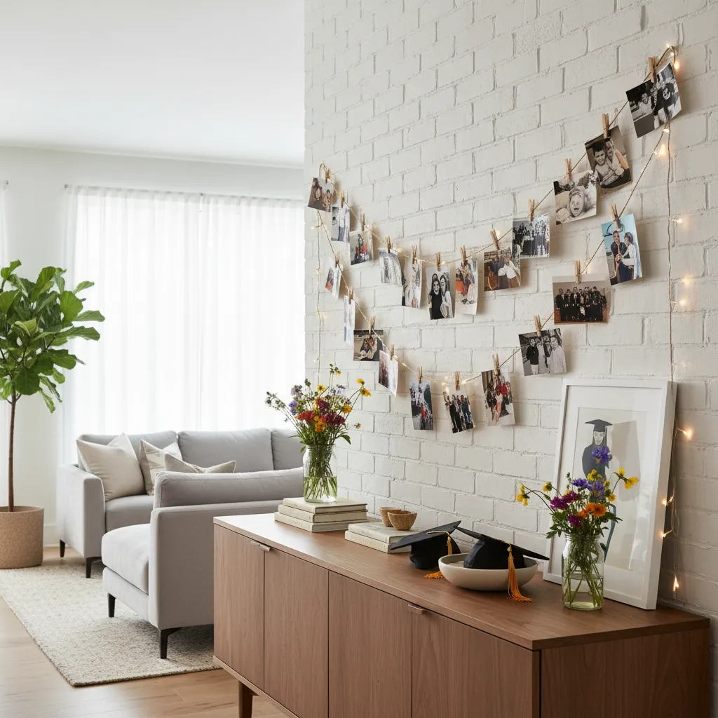 A photo garland draped over a party buffet table in a modern living room.