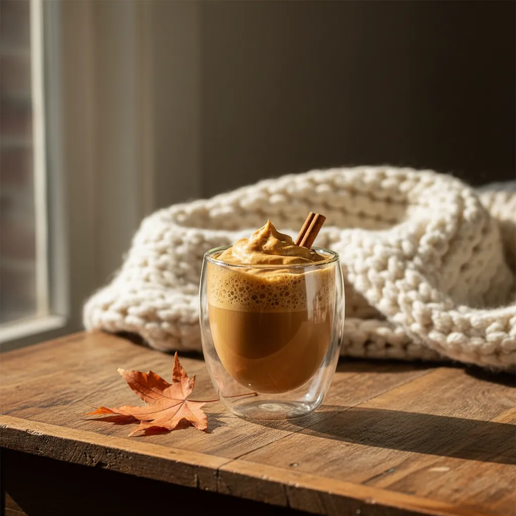 Double walled glass filled with spiced cinnamon and maple whipped coffee on a rustic wooden table with autumn decor