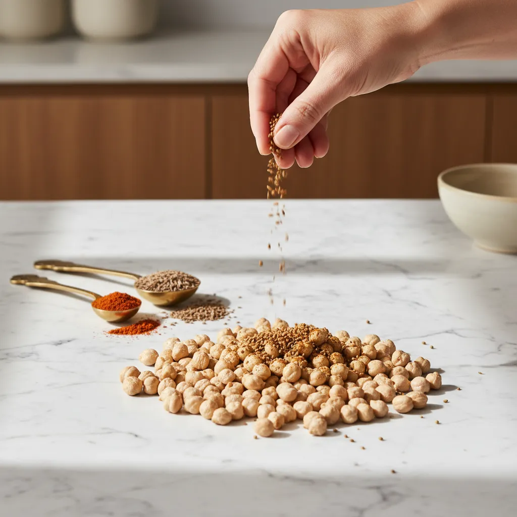 Spices being sprinkled on chickpeas on a marble counter