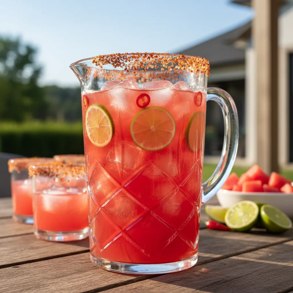 Pitcher of spicy watermelon margarita with jalapeno slices on a rustic wooden table