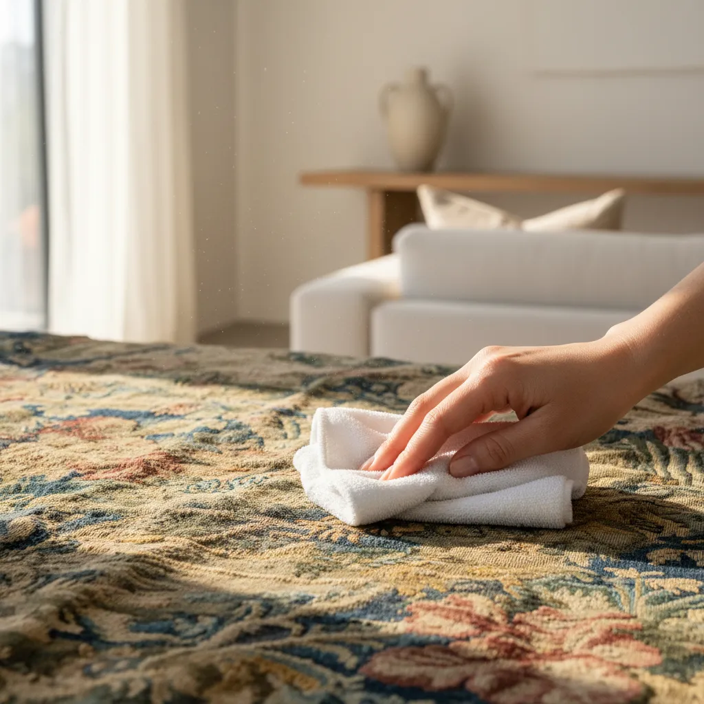 Hands gently blotting a stain on a vintage tapestry with a white cloth