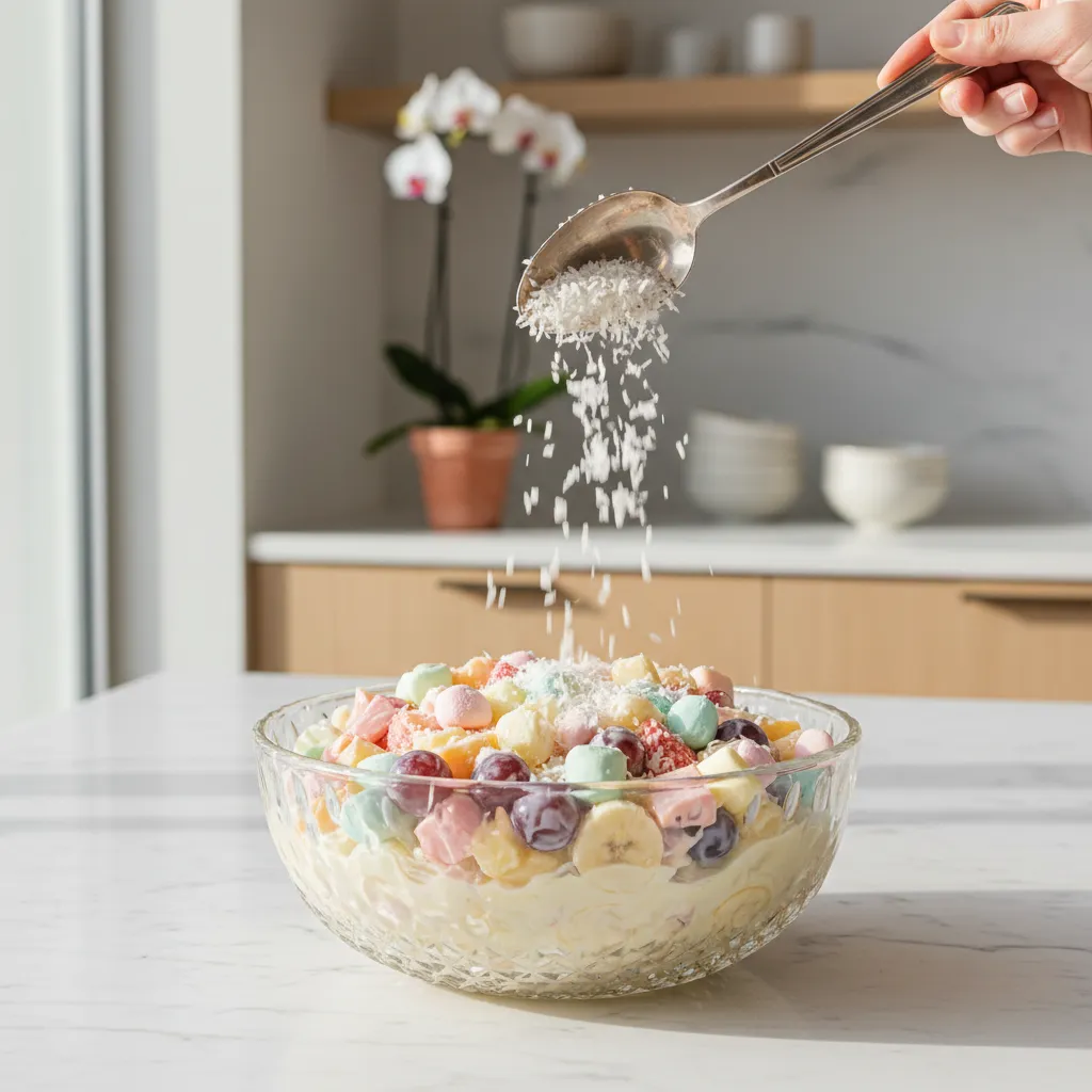 Silver spoon sprinkling shredded coconut on fruit salad