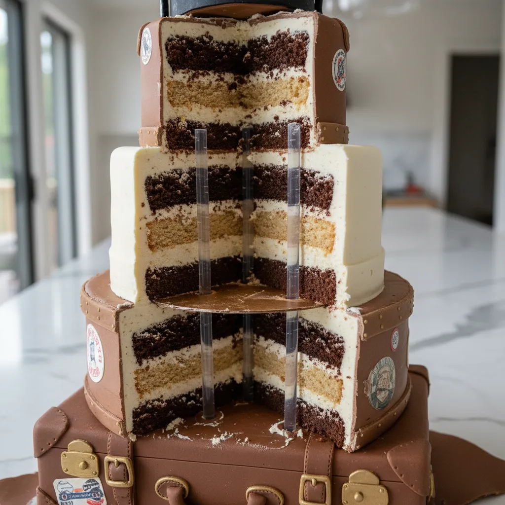 Internal dowel support system for a multi-tiered vintage suitcase graduation cake