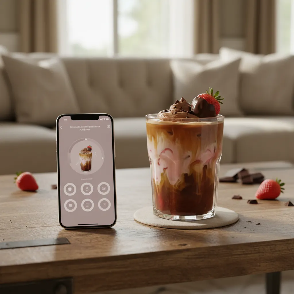 Smartphone on wooden table displaying coffee app customization options