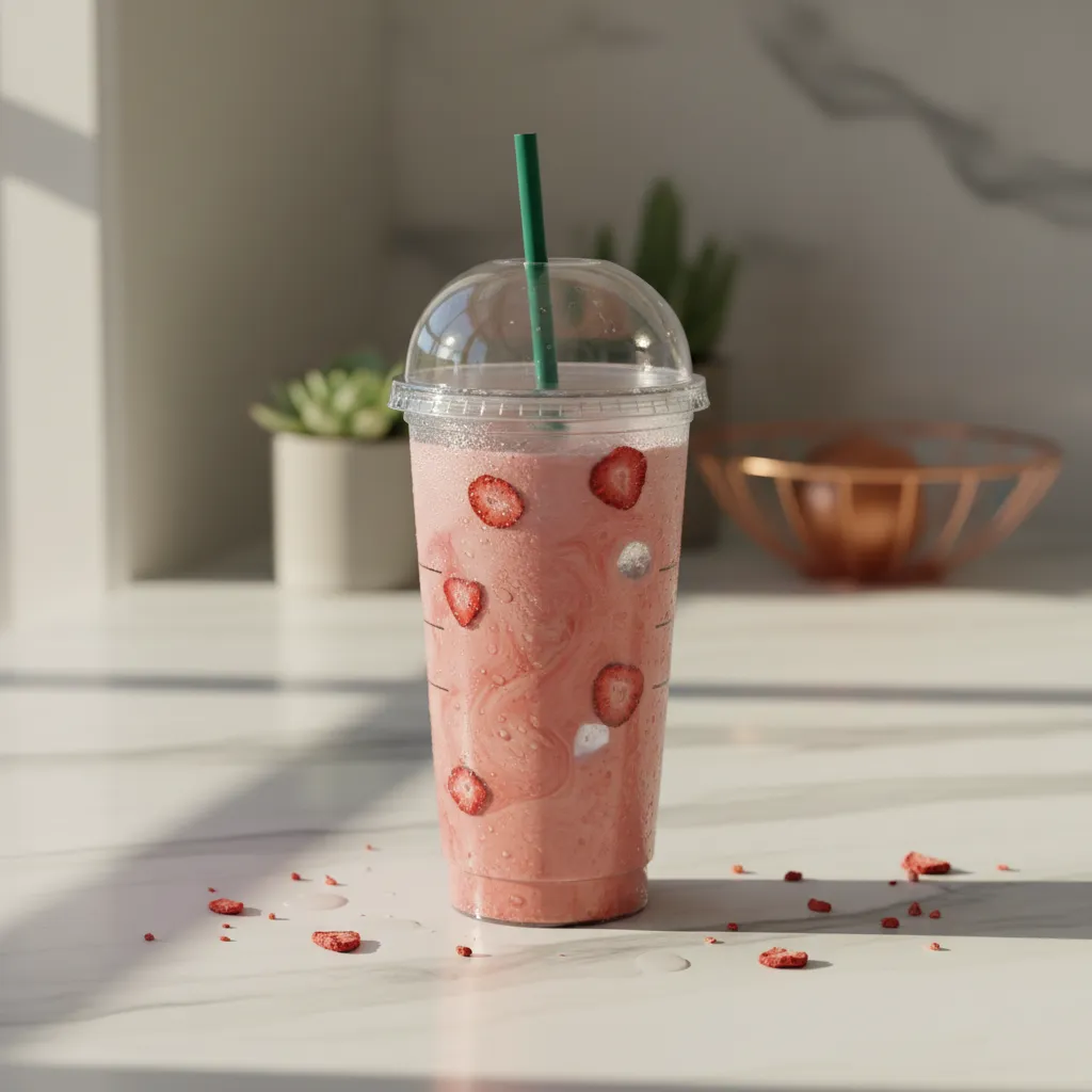 Starbucks Pink Drink with strawberry slices on a luxury kitchen island