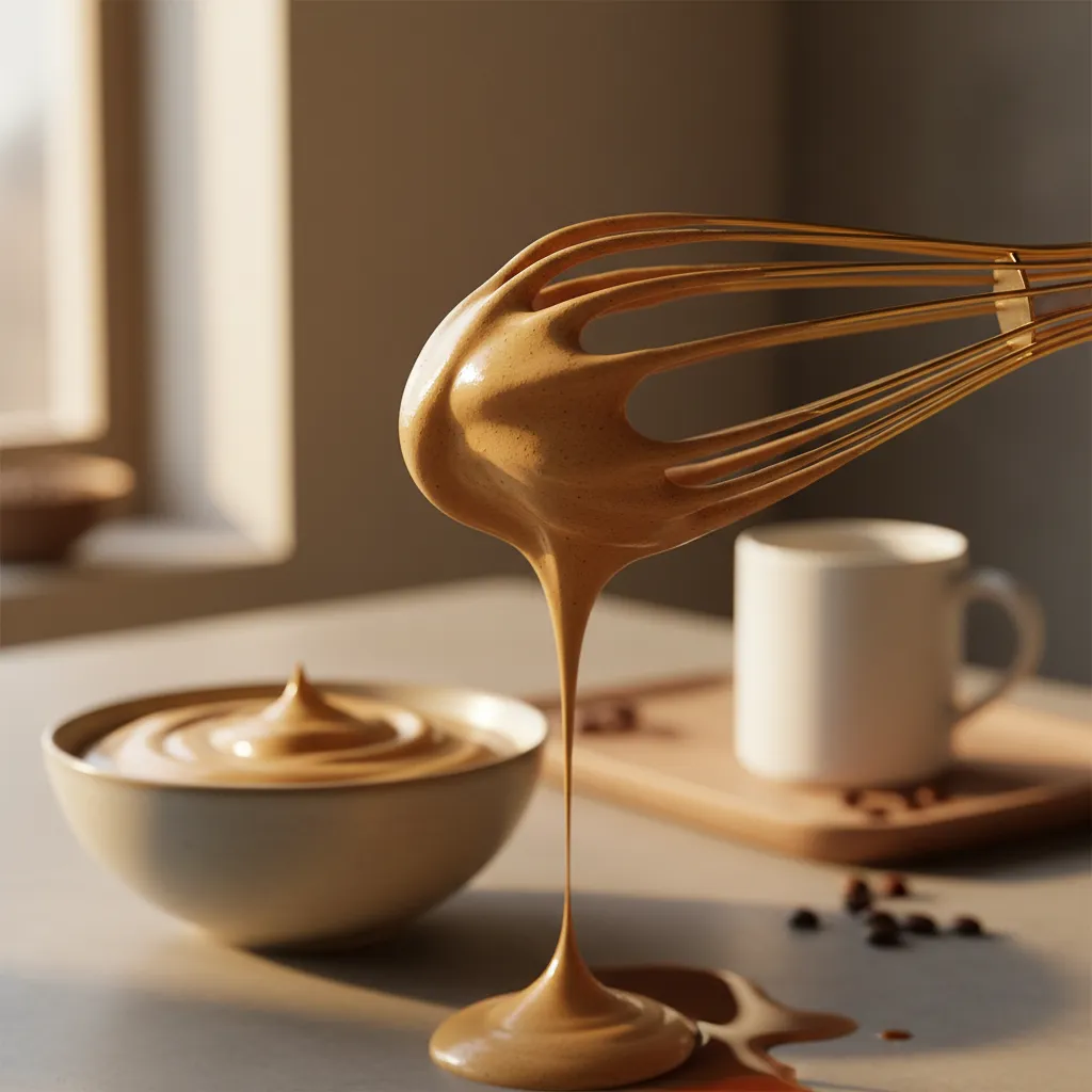 Macro shot of golden whipped coffee foam on a whisk showing stiff peaks