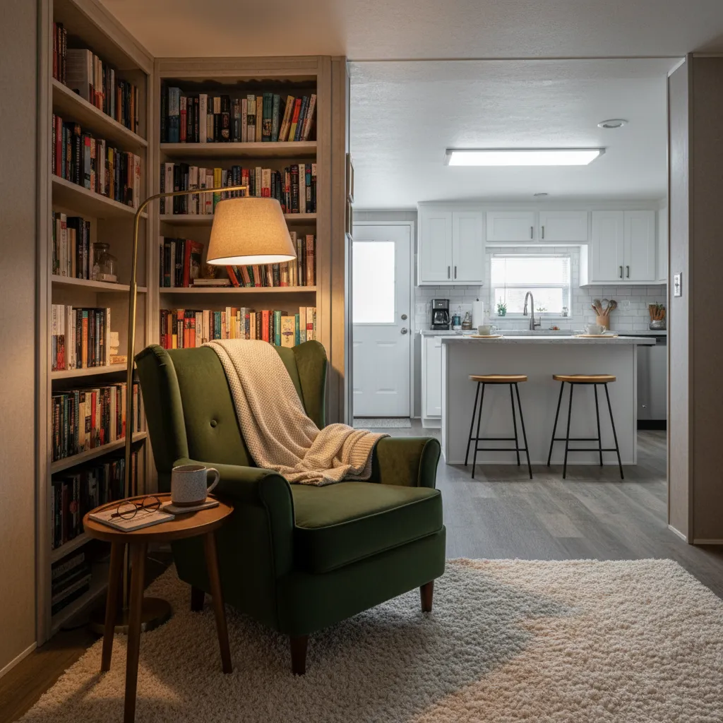 Warm floor lamp illuminating a reading corner to create a distinct zone