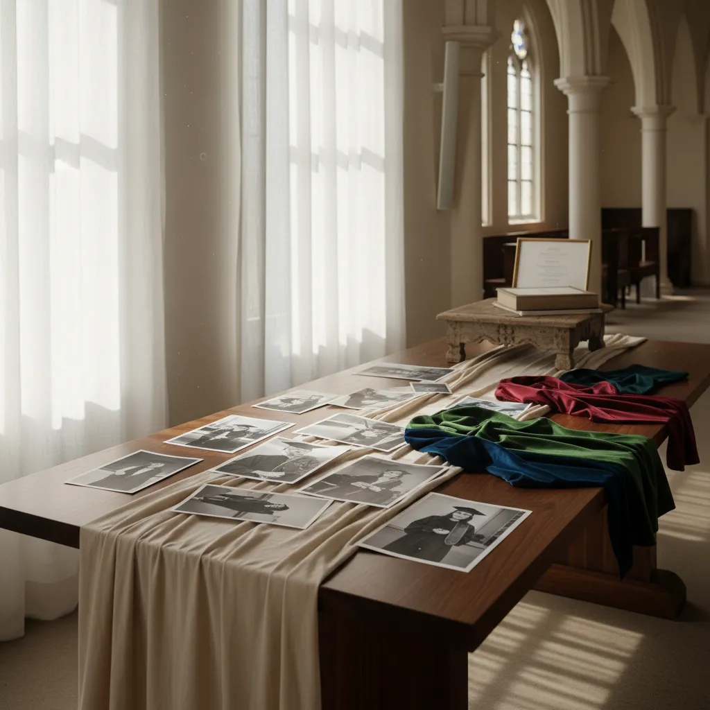 Senior table display planning with fabric swatches and photo layout