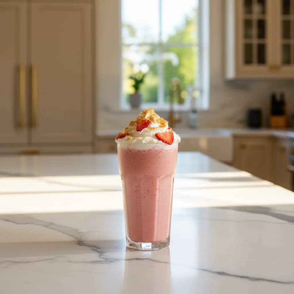 Starbucks strawberry cheesecake frappuccino on marble counter with whipped cream