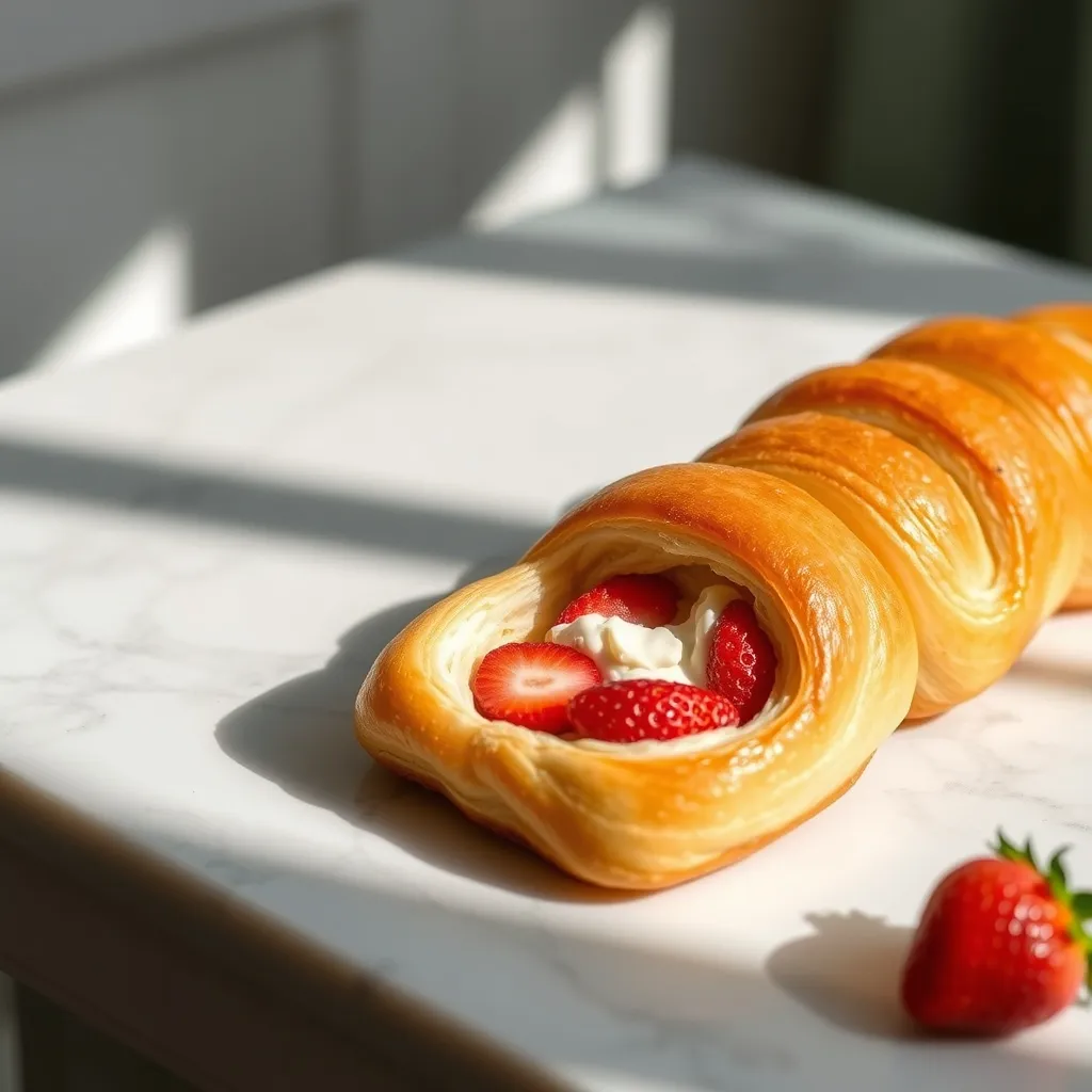 Golden brown crescent roll braid filled with strawberry cream cheese on marble