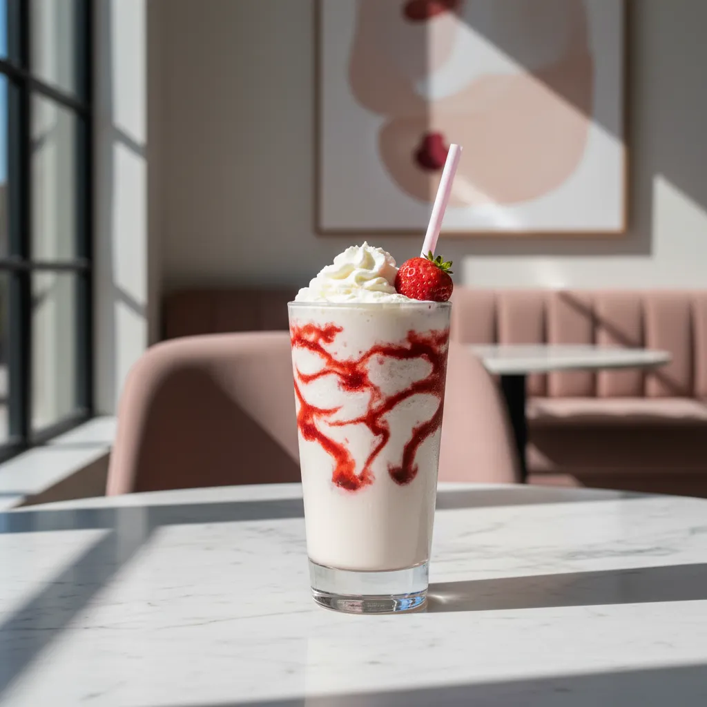 Close up of Starbucks Strawberry Creme Frappuccino showing red puree swirls and whipped cream texture