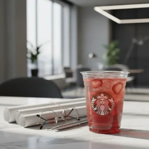 Close-up of a Strawberry Açaí Refresher on a marble desk with architectural blueprints, representing refined strawberry drinks from Starbucks.
