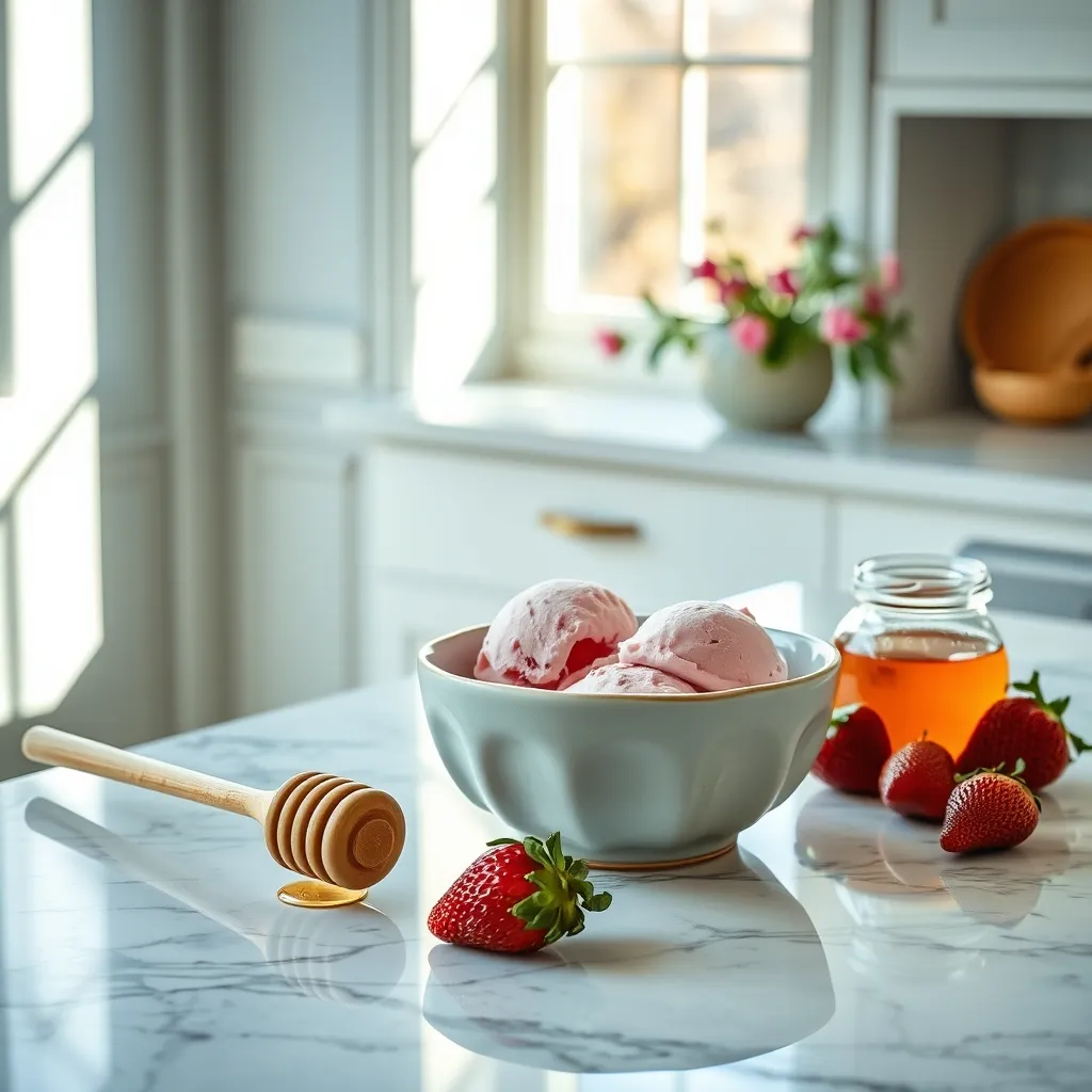 A bowl of homemade strawberry banana ice cream on a marble counter with honey and fresh fruit.
