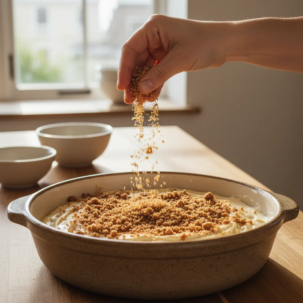 Close up of hand sprinkling cinnamon sugar crumble over cake batter in a ceramic dish