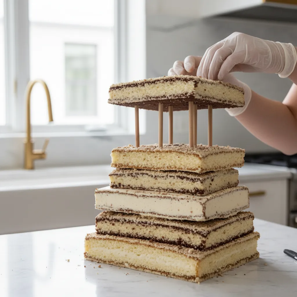 Close up of structural dowels supporting a multi-tiered book cake