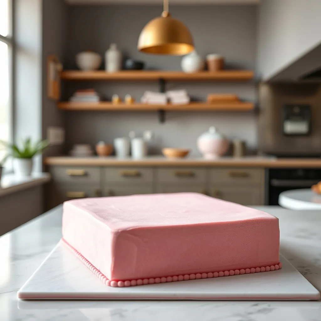 Close-up of a perfectly smooth square graduation cap cake base showing structural precision.