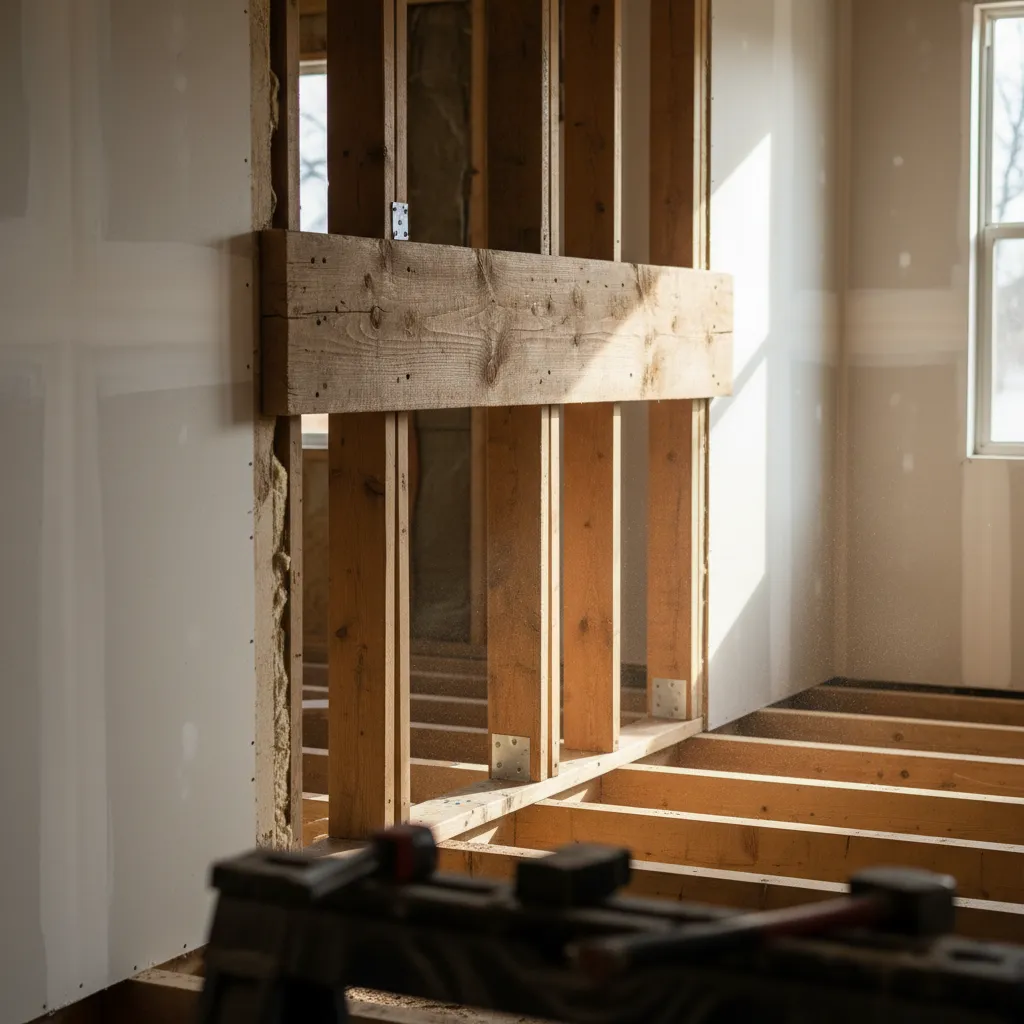 Exposed wooden beam and framing during a mobile home wall removal renovation