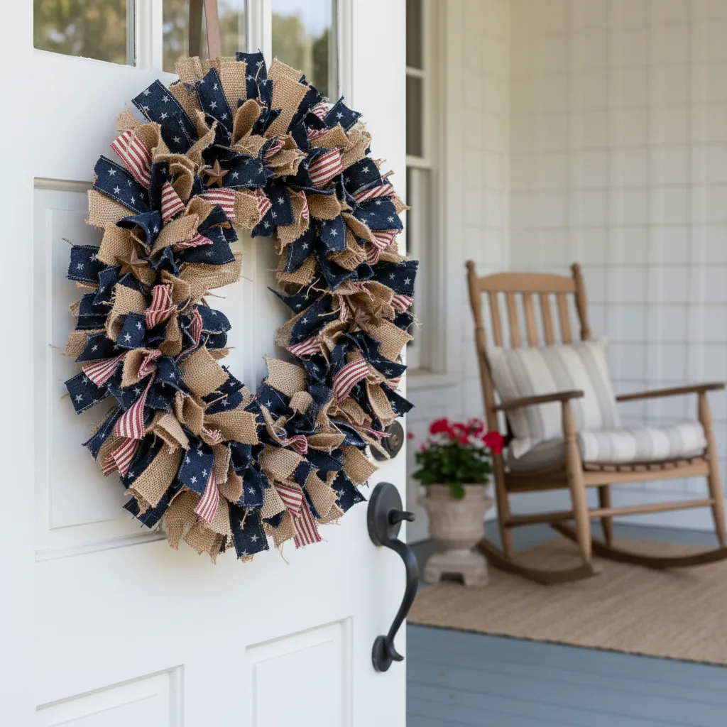 Finished denim and burlap wreath hanging on white front door