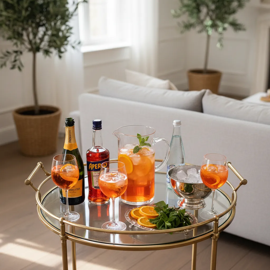Symmetrical arrangement of Prosecco, Aperol, and soda water on a styled bar cart