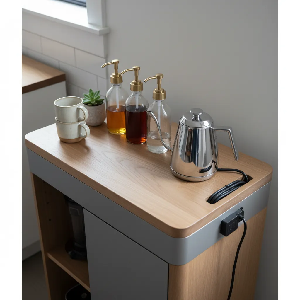 Arrangement of coffee syrups and ceramic mugs on a mobile cart