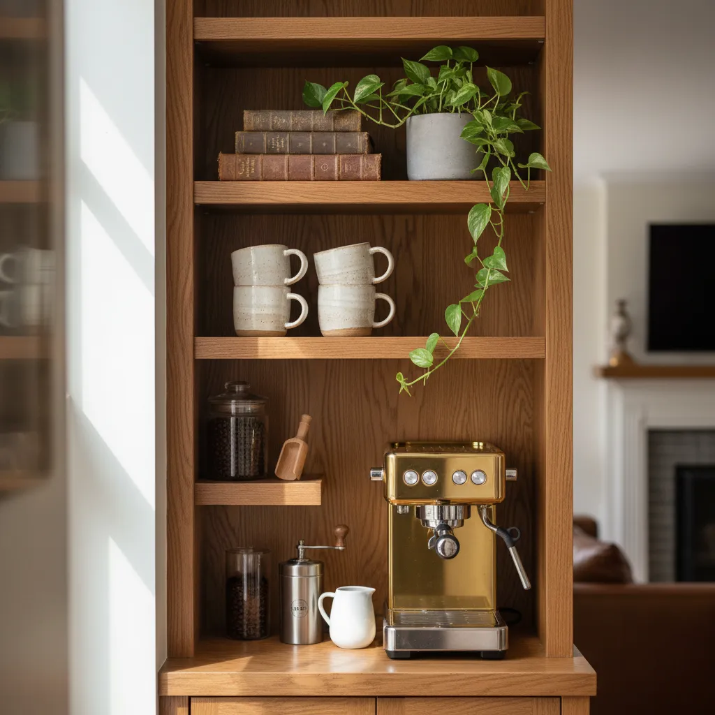 Close up of ceramic mugs and vintage books on a coffee station shelf