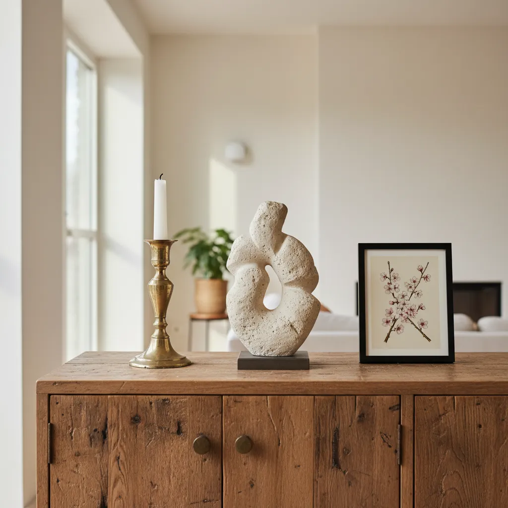 Close up of wooden sideboard decorated with brass candlestick and stone sculpture
