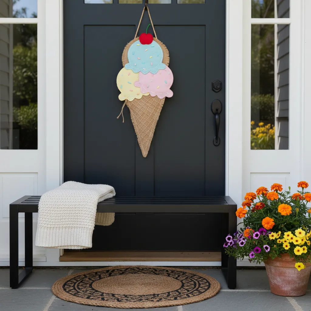 A stylish front porch featuring a DIY burlap ice cream cone door hanger and potted plants.