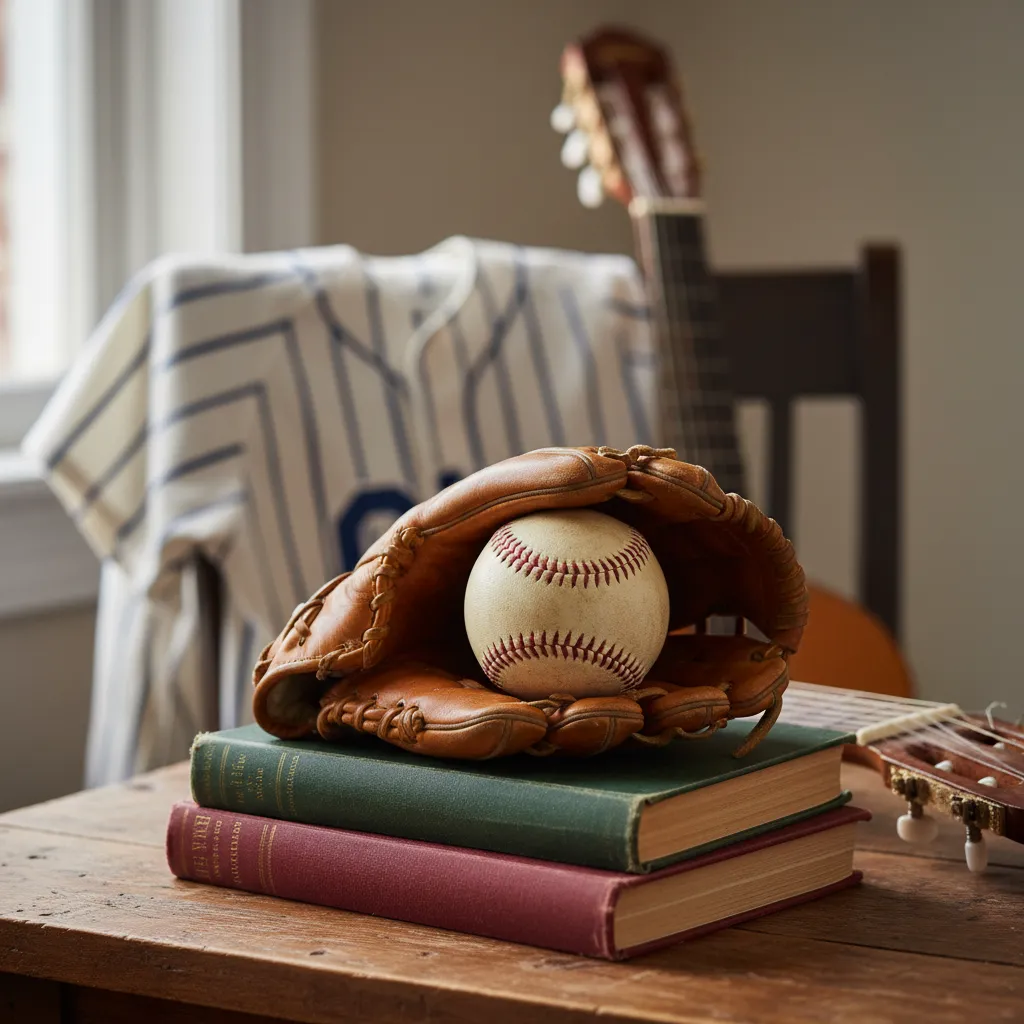 Vintage baseball glove and ball styled on books for a senior table display