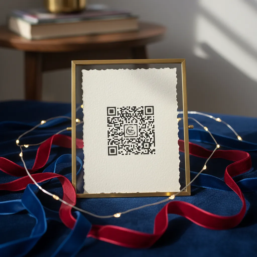 Close up of a QR code in a brass frame with velvet and light accents.