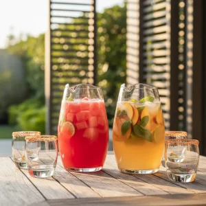 Large glass pitchers of spicy watermelon margarita and white peach sangria on a designer patio table.