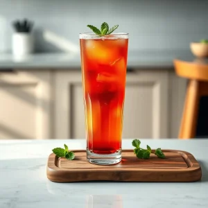 A beautifully layered nonalcoholic Redbull Sunrise drink in a crystal highball glass on a natural wood surface.