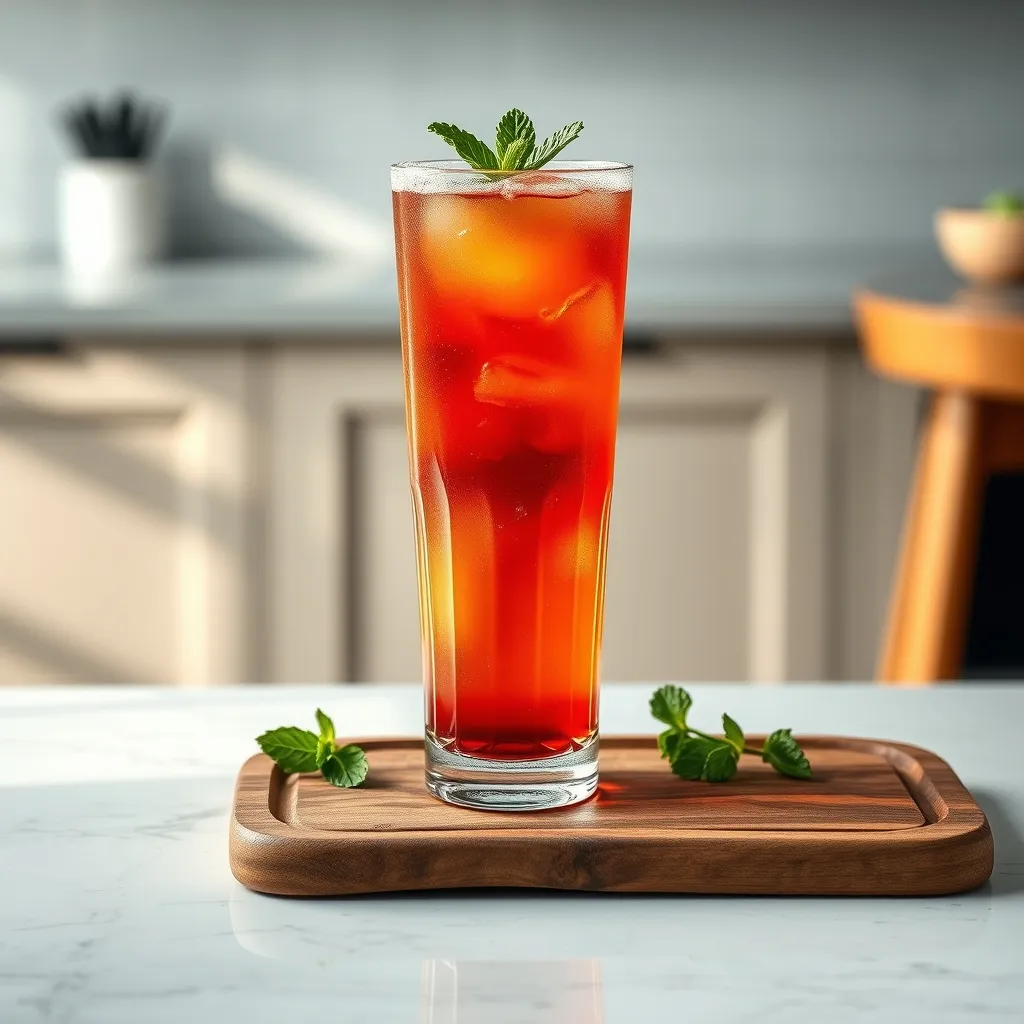 A beautifully layered nonalcoholic Redbull Sunrise drink in a crystal highball glass on a natural wood surface.