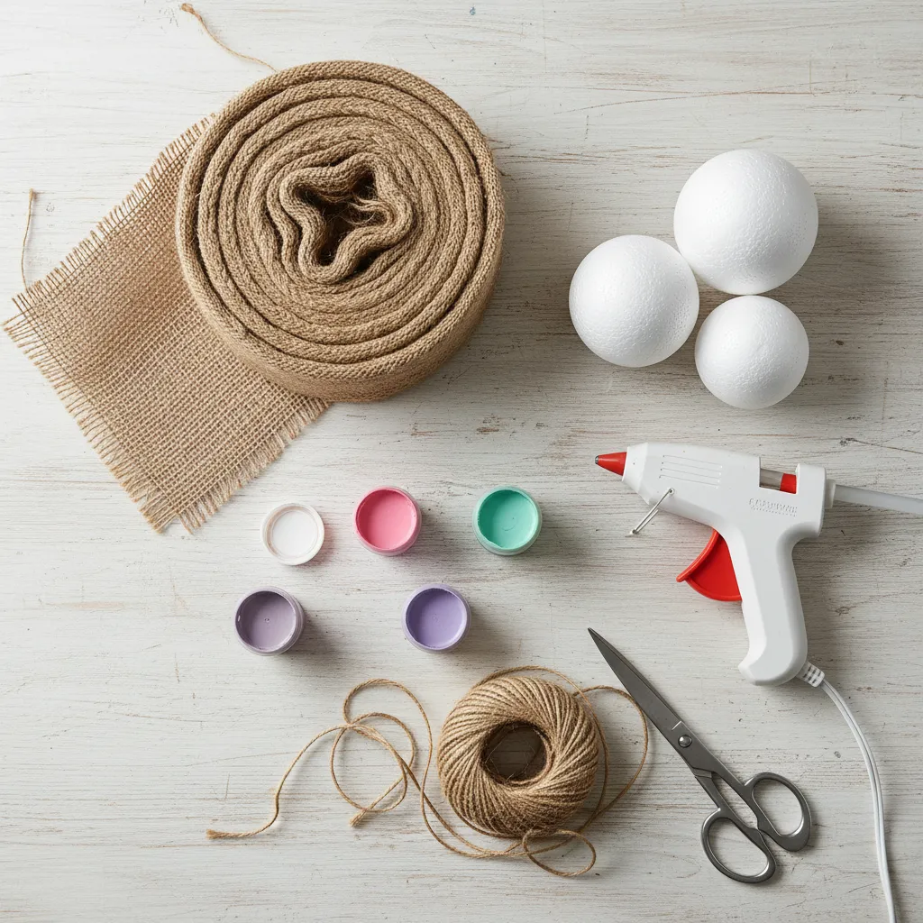 Crafting materials including burlap, paint, and styrofoam balls for a DIY project.