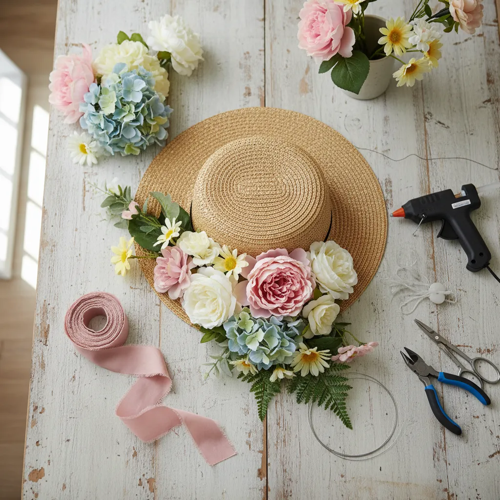 Crafting materials for door hanger including straw hat and faux flowers