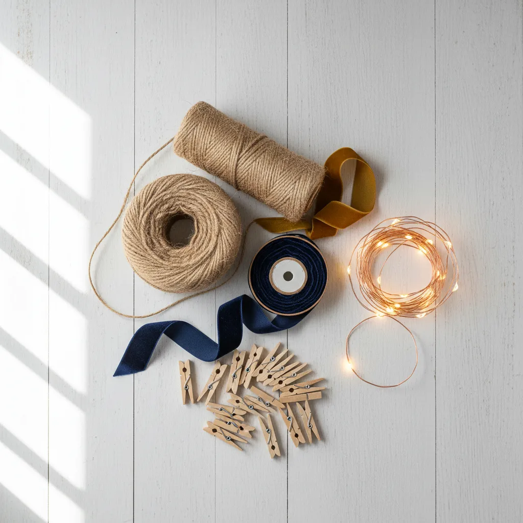 Overhead view of twine, ribbon, clips, and fairy lights for a DIY project.