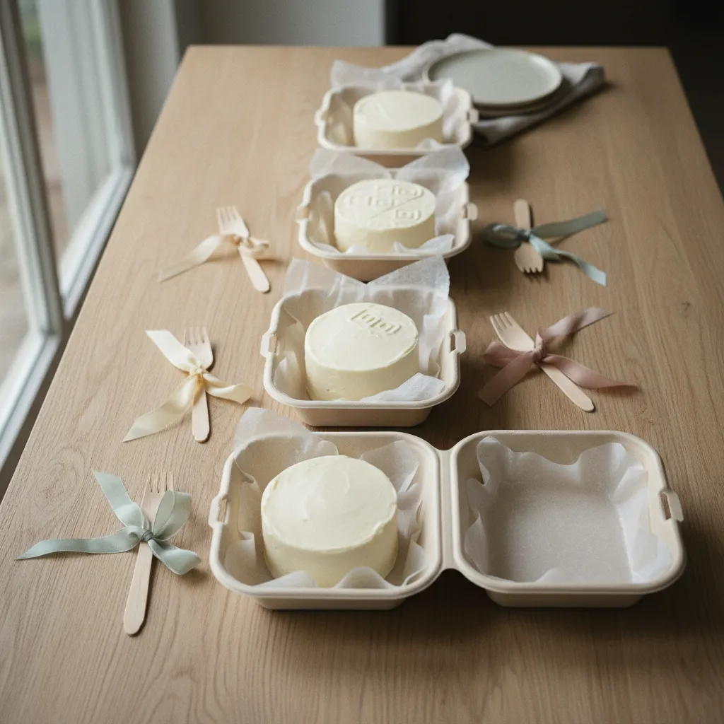 Eco-friendly sugarcane bento cake boxes on wooden table