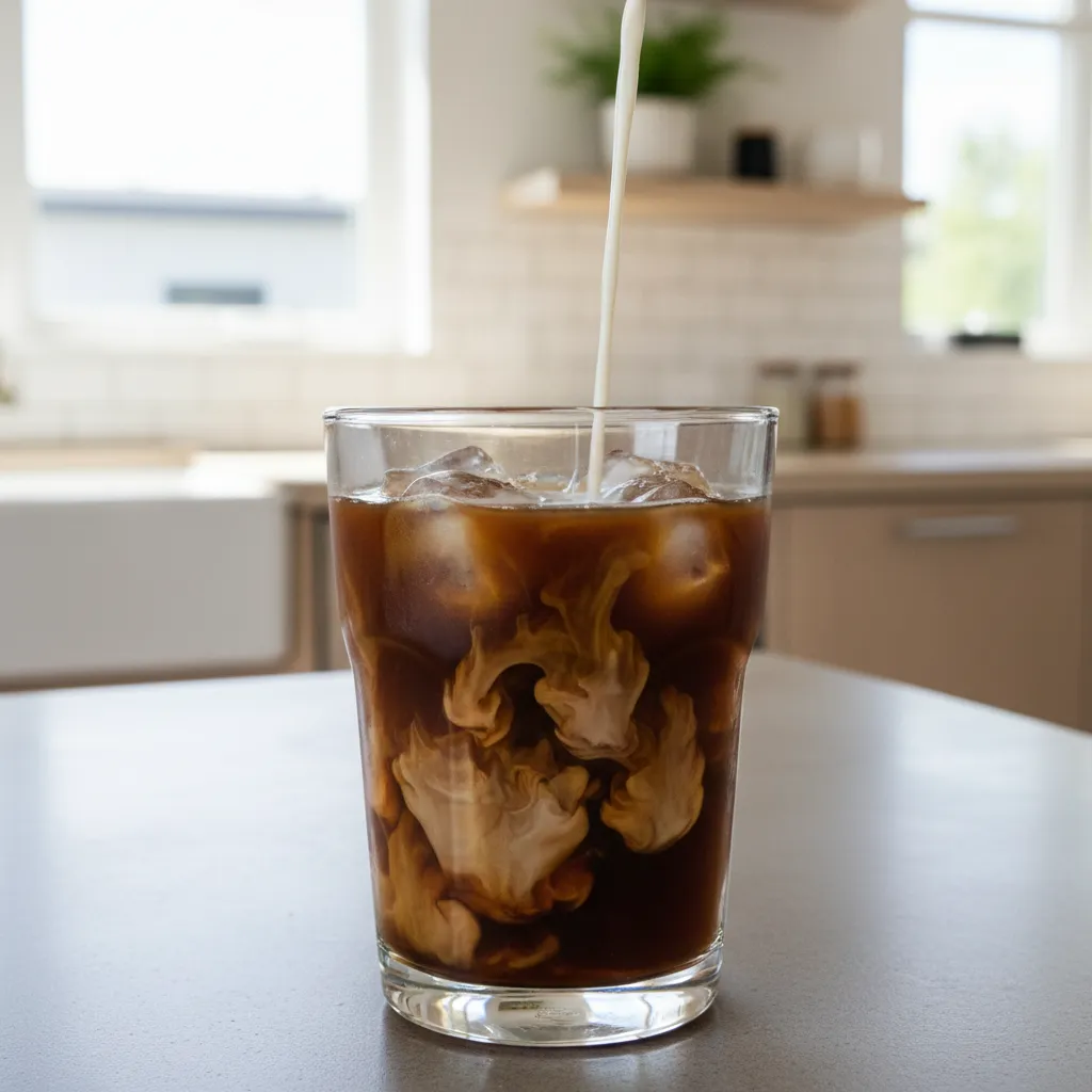 Almond milk mixing with dark roast iced coffee in a clear glass