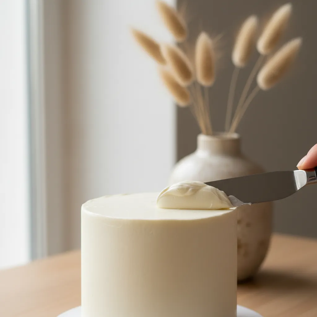 Close up of smooth buttercream frosting texture on minimalist cake