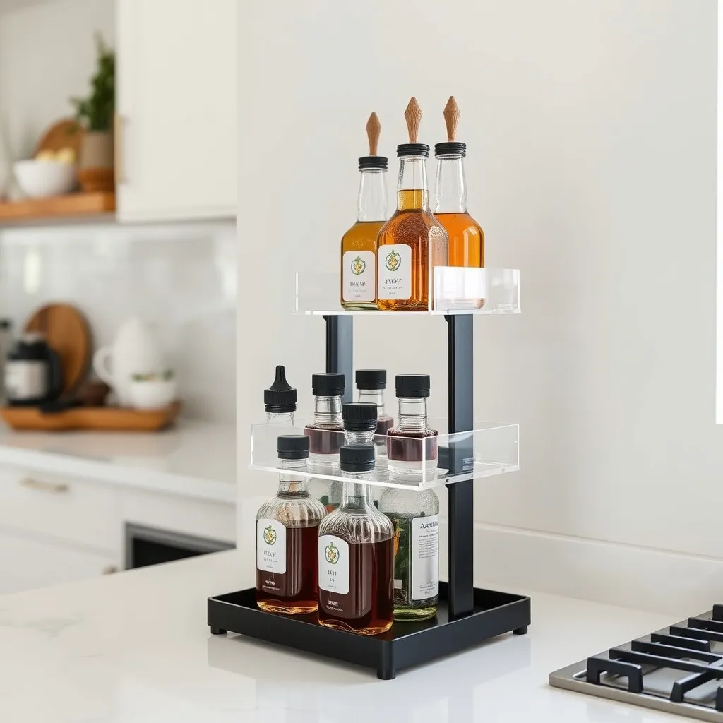 Comparison of acrylic and metal tiered stands for coffee syrups