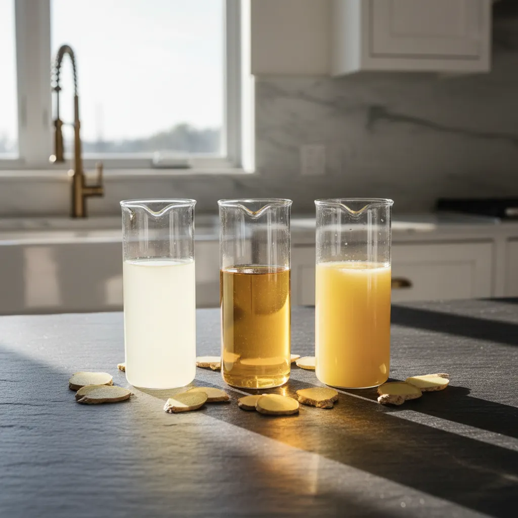 Three glass beakers showing different thicknesses of lemon ginger syrup on slate