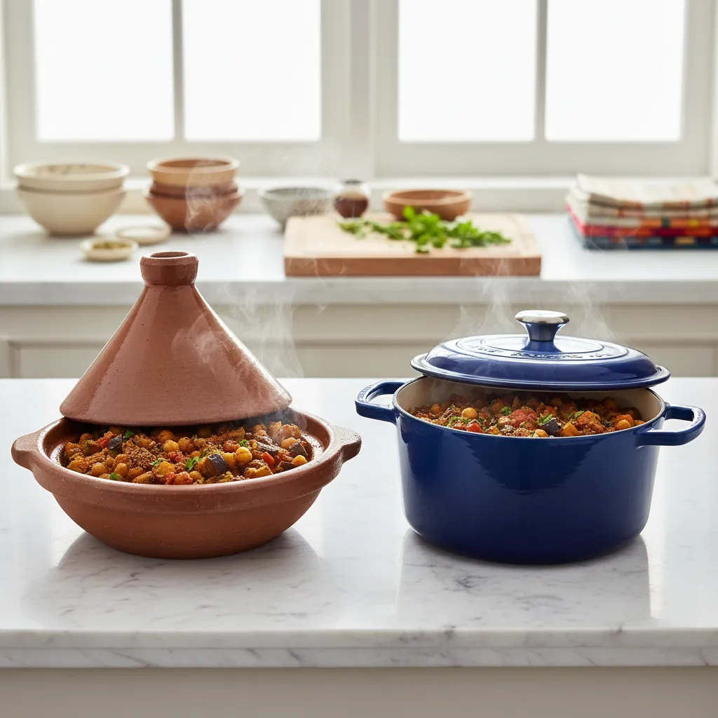 Comparison of clay tagine and enameled dutch oven for stewing