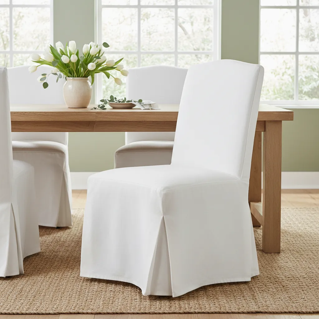 White denim slipcover on dining chair with tailored pleats