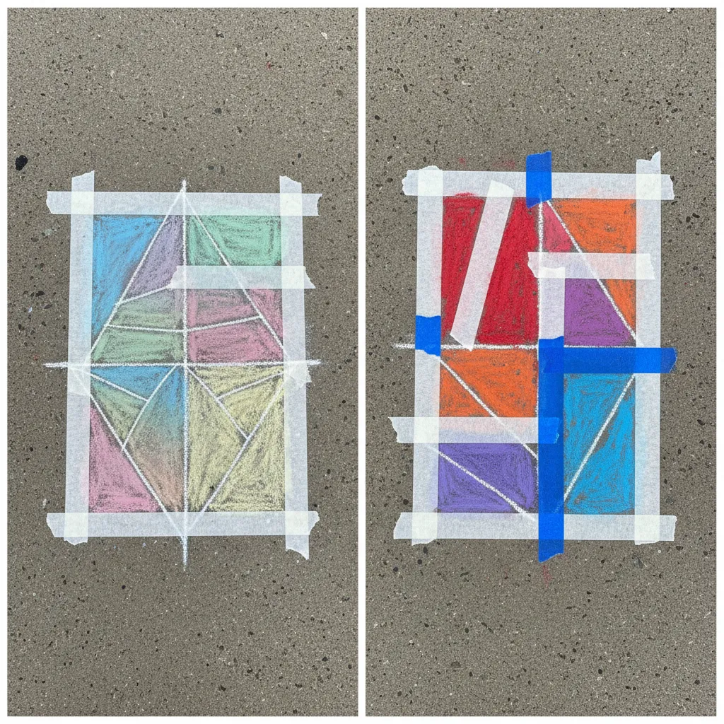 Comparison of thin versus wide tape lines in chalk mosaic art