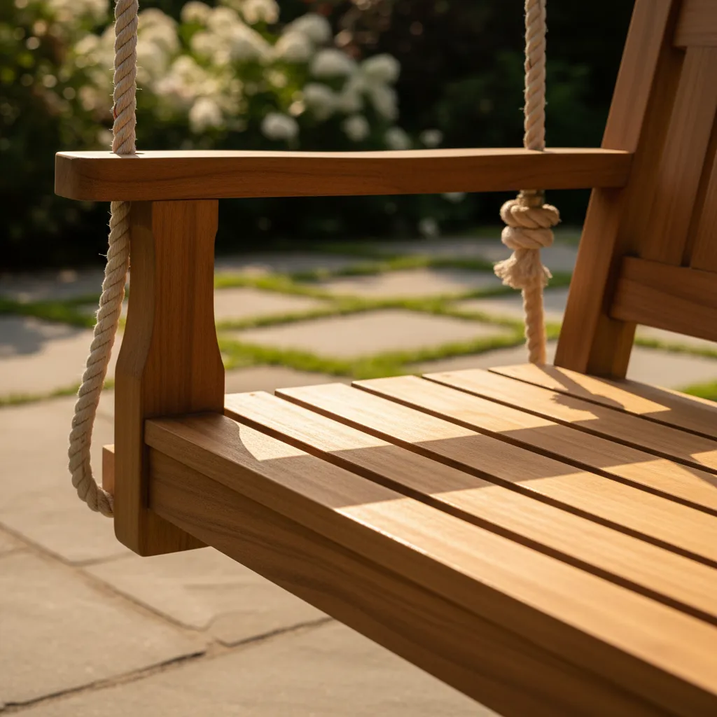 Close up of teak wood grain on an outdoor swing bench