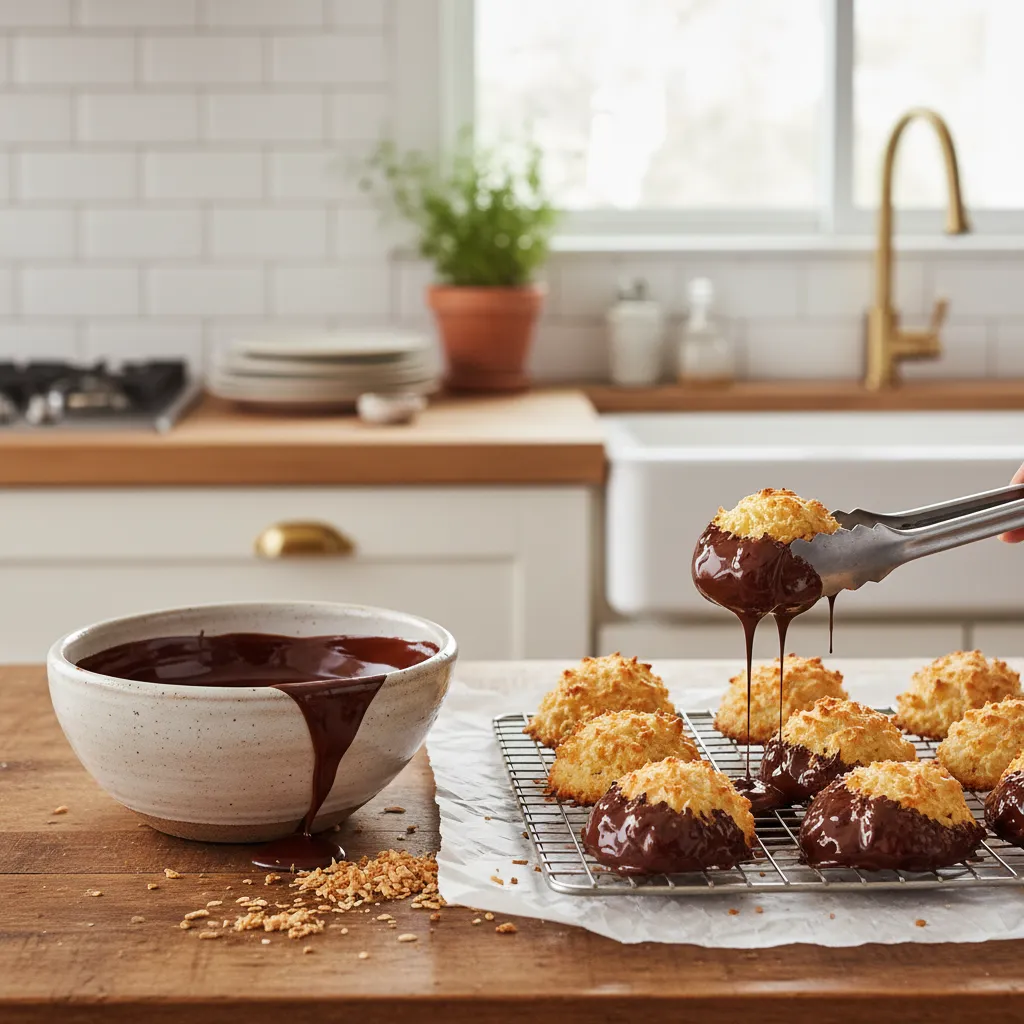 Glossy melted chocolate in a ceramic bowl prepared for dipping coconut macaroons