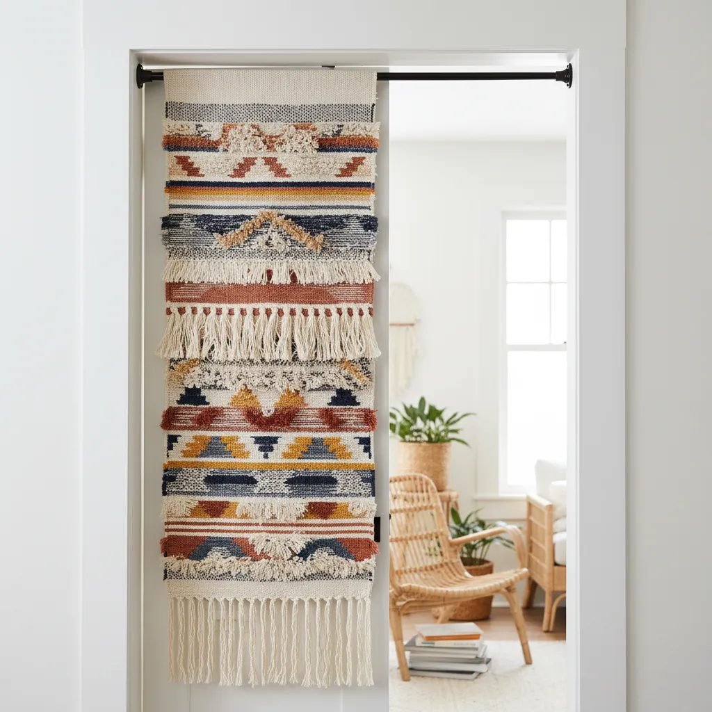 Tension rod holding a tapestry inside a door frame