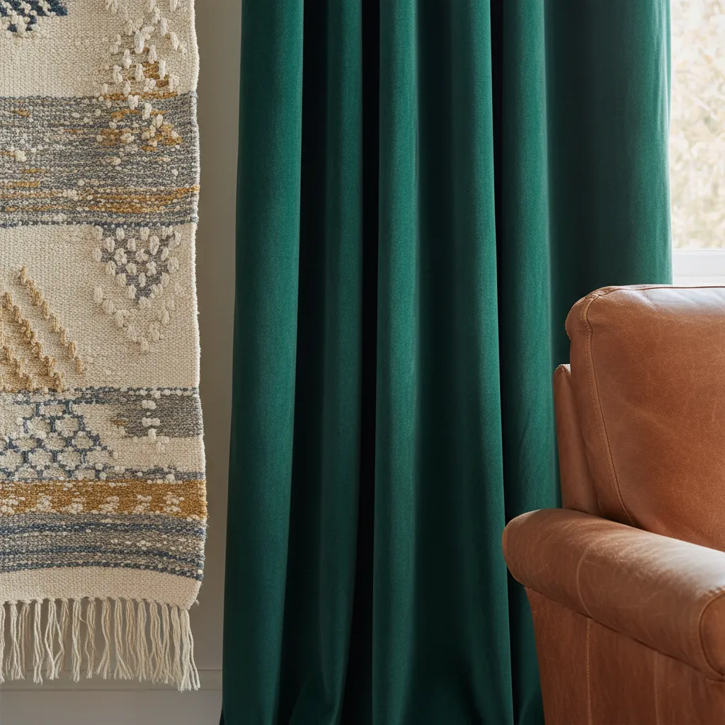 Close up of woven cotton tapestry against velvet and leather textures