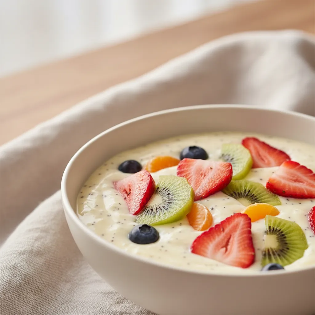 Macro shot showing the texture contrast between glossy fruit slices and velvety vanilla bean cream