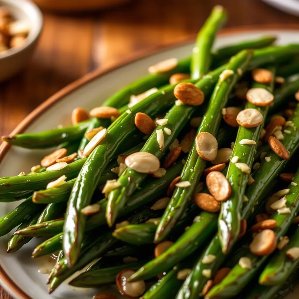 Close up view of the golden toasted almonds on crisp green beans.