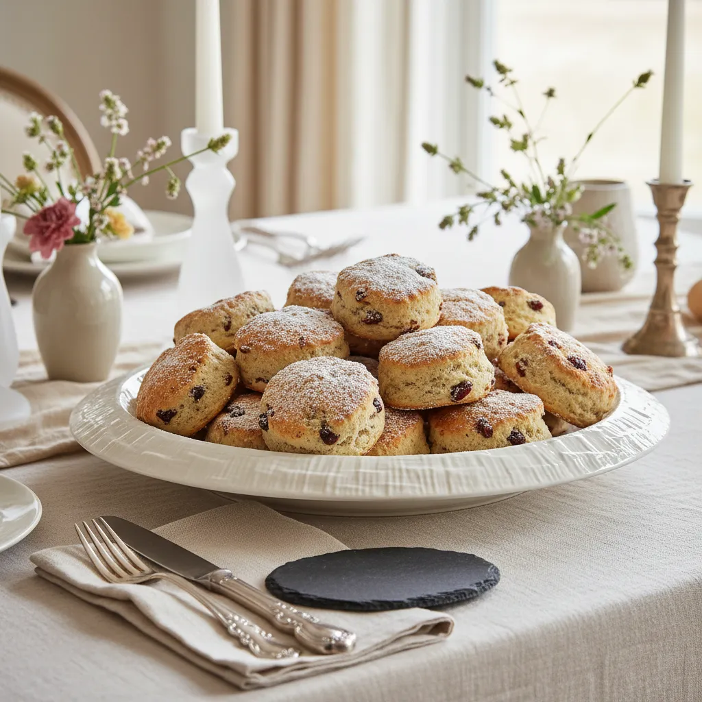 Close up detail of textured ceramic serving platter holding gluten-free scones with elegant slate marker